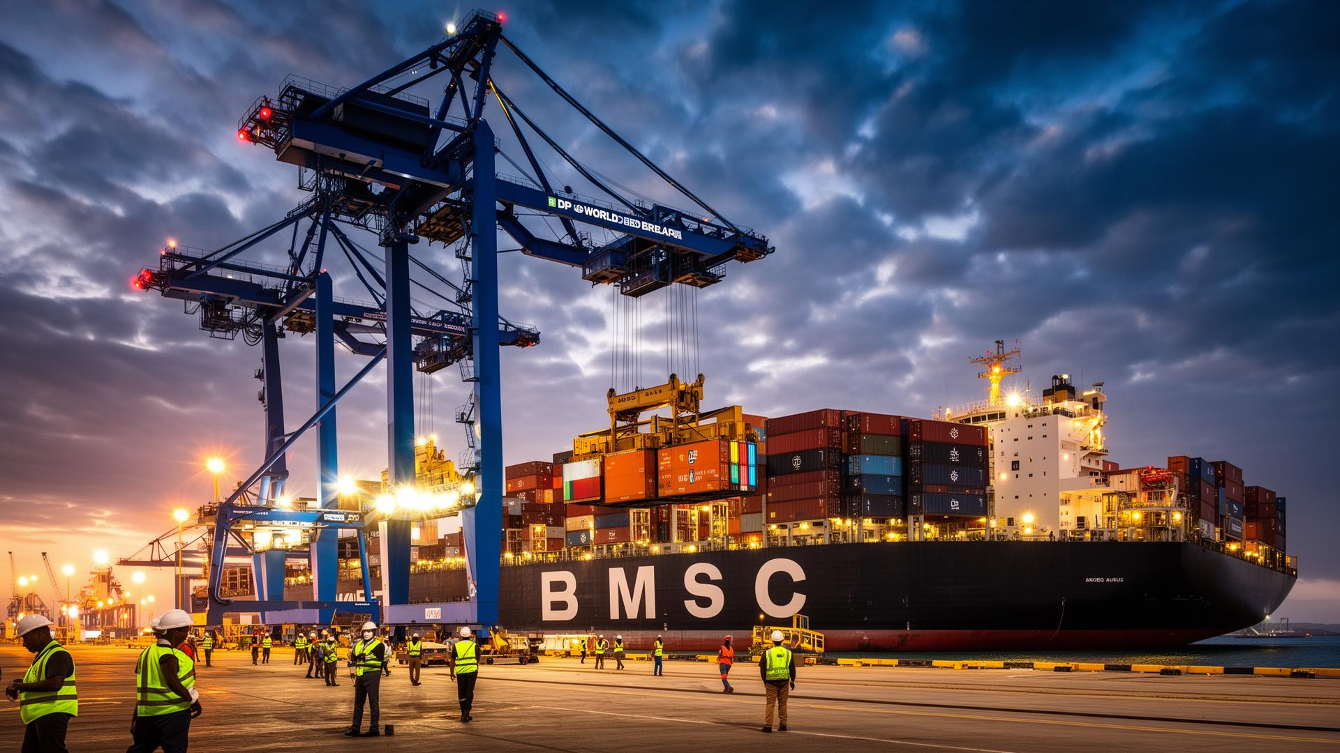 DP World Berbera quay cranes loading an MSC container ship at dusk