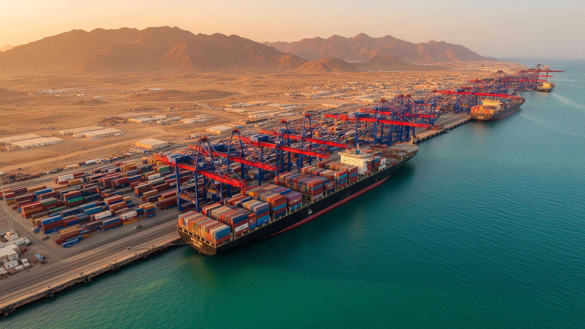 Aerial view of the Port of Berbera container terminal at golden hour